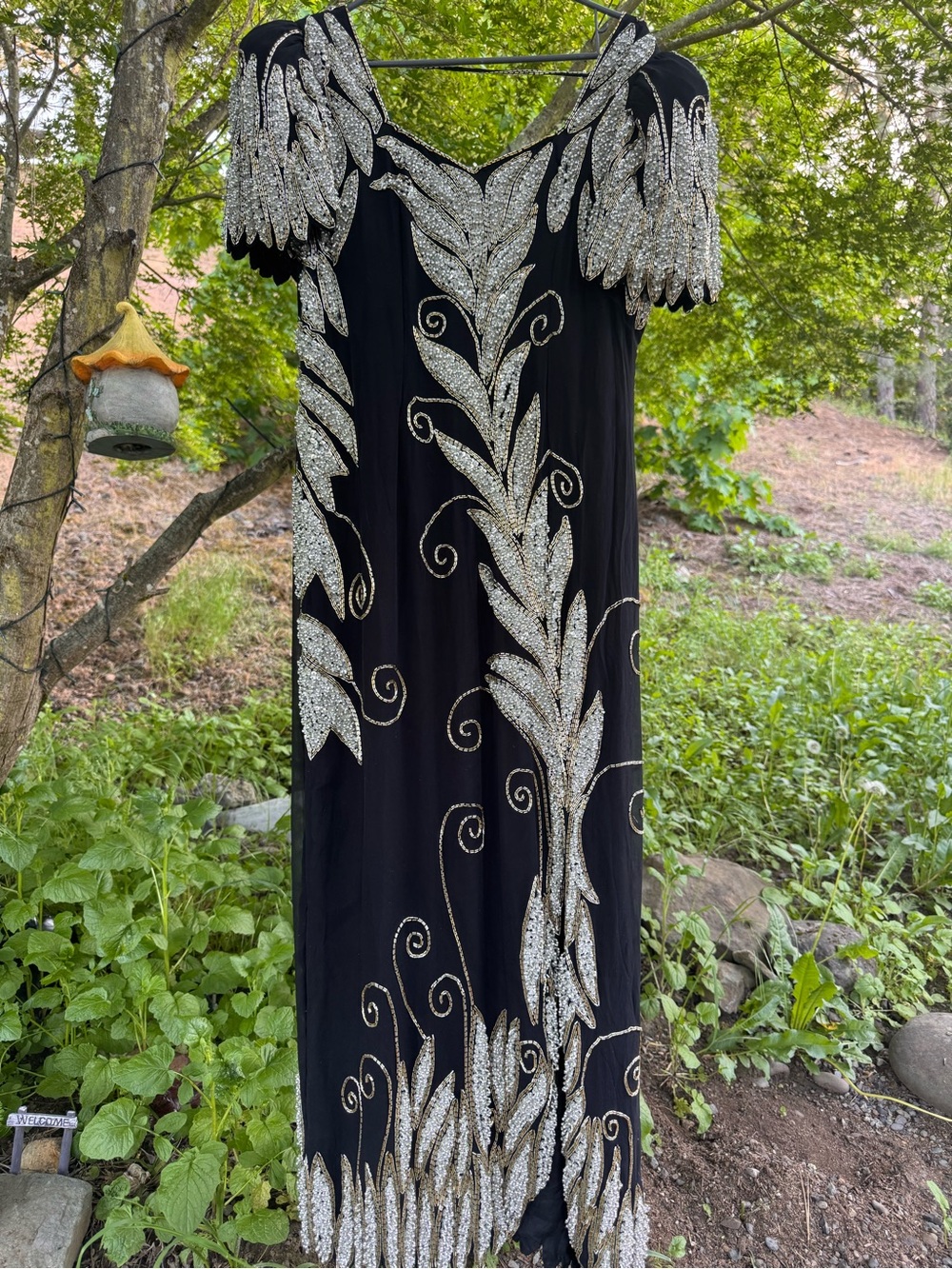 VTG 80s Heavily Beaded Silk Sequin Leaf Column Evening Gown